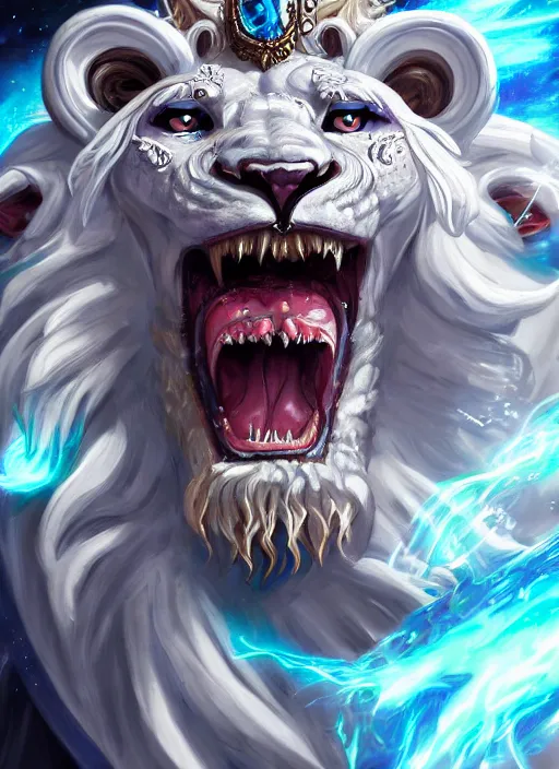 Image similar to anthropomorphized white lion wizard casting magic bright light spell, tzeentch, smiling, casting spell, concept art, insanely detailed and intricate, hypermaximalist, elegant, ornate, hyper realistic, super detailed, art deco, cinematic, trending on artstation, magic the gathering artwork