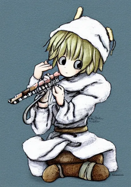 Prompt: little boy wearing sheep suit playing an flute sitting on bed. white, gray, blue, green and brown pallet color. made in abyss art style, inspired in kris from deltarrune, cute detailed artwork, anatomically correct