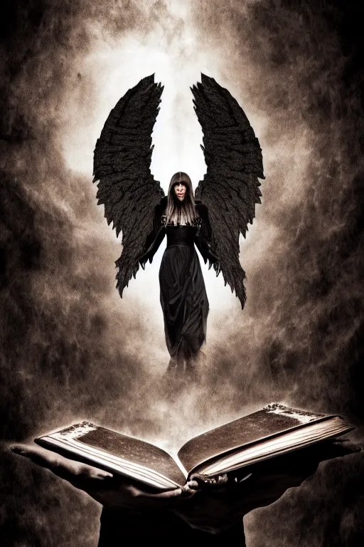 Prompt: dlsr photo illustration of summoned dark angel holding a book of necronomicon, symmetrical, cinematic, sharp focus, 4 k, ultra hd, sense of awe, sinister demonic atmosphere, dreadful, forbidden knowledge, old gods. demonology journal cover