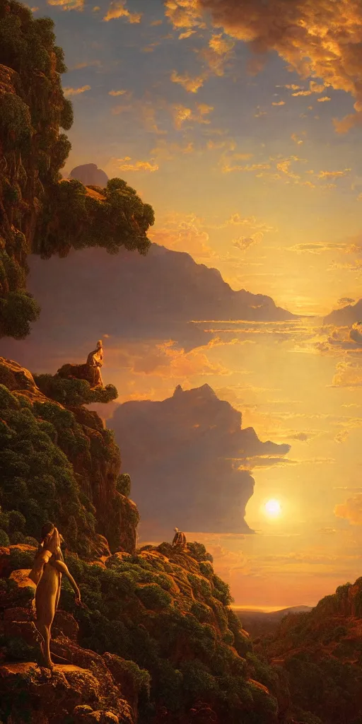 Prompt: symmetry!! god overlooking a surreal landscape of a dream, lucid dream, people, very detailed, serene, peaceful, golden hour, perfect lighting, perfect composition, digital art, illustration, frederic edwin church, 4 k