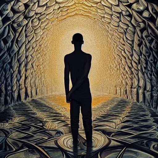 Prompt: a breathtaking 8 k resolution matte painting of a black boy lost inside a vast and endless four dimensional hall of mirrors, in a symboloic and meaningful style, by m. c. escher and alex grey and android jones