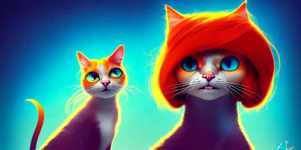 Image similar to curved perspective, extreme narrow, extreme fisheye, digital art of a female cat with ginger hairstyle with blue flower in her hair by anton fadeev from nightmare before christmas