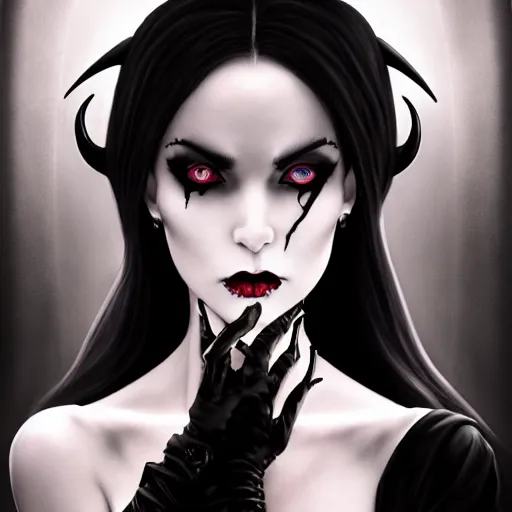 Prompt: bored looking succubus, portrait of a lady demon all dressed in black, beautiful face and eyes, horns on her head, highly detailed, white accents, cel shaded, cinematic shot, trending on artstation, high quality, detailed and chaotic background, brush strokes all over, by tom bagshaw and jama jurabaev