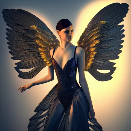 Image similar to fantasy angel with wings inspired avant - garde art, deco fashion, highly detailed, photorealistic portrait, bright studio setting, studio lighting, crisp quality and light reflections, unreal engine 5 quality render