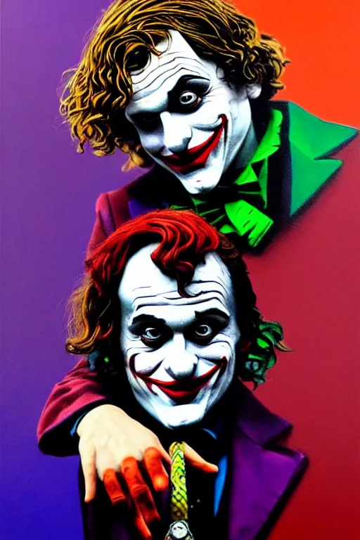 Image similar to ilya yefimovich repin and mimmo rottela and banksy as joaquin phoenix skinny joker, holding hand, lady gaga harley queen, ultra photorealistic, intricate details, pop art style, concept art, confident posse, random object details, 3 colours, warm color, 4 k, ultra smooth, sharp focus