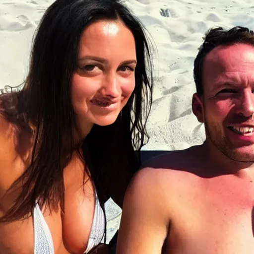 Image similar to photo of a 4 0 year old man that looks young for his age dating a very attractive 2 2 year old woman wearing a bikini. they are both drunk.