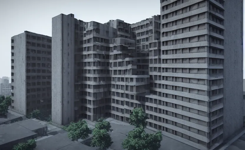 Image similar to brutalist architecture building, apartment complex, octane render, artstation trending, highly detailded