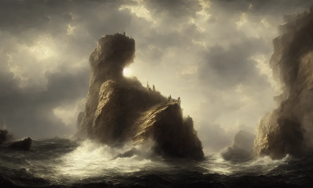 Prompt: the steep cliffs presented a danger to all ships that sailed near. andreas achenbach, artgerm, mikko lagerstedt, zack snyder, tokujin yoshioka