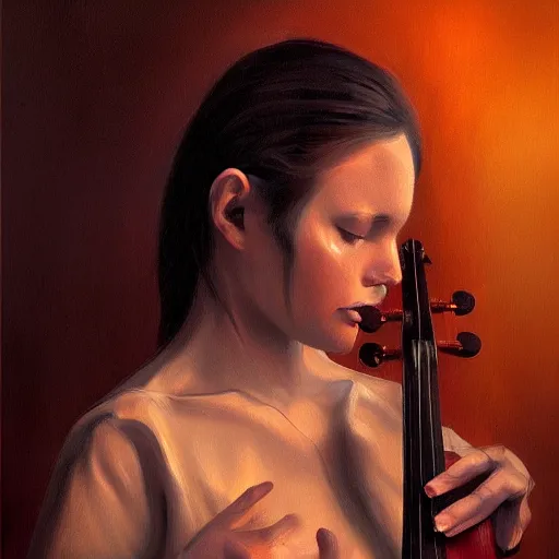 Image similar to woman violin, oil painting, artstation, dramatic lighting, symmetry, beautiful