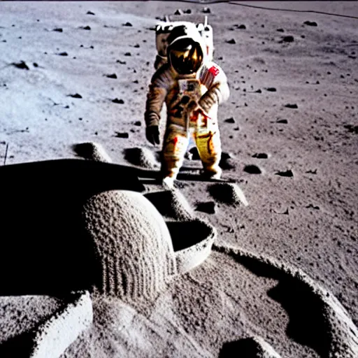 Image similar to photo of astronaut building a sand castle on the moon, 3 5 mm, full - hd