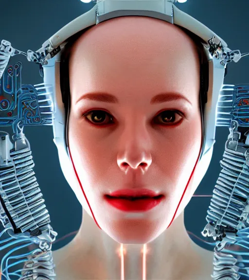 Image similar to portrait of a cyborg taking off her human mask, revealing circuits and wires, octane render, alex ross