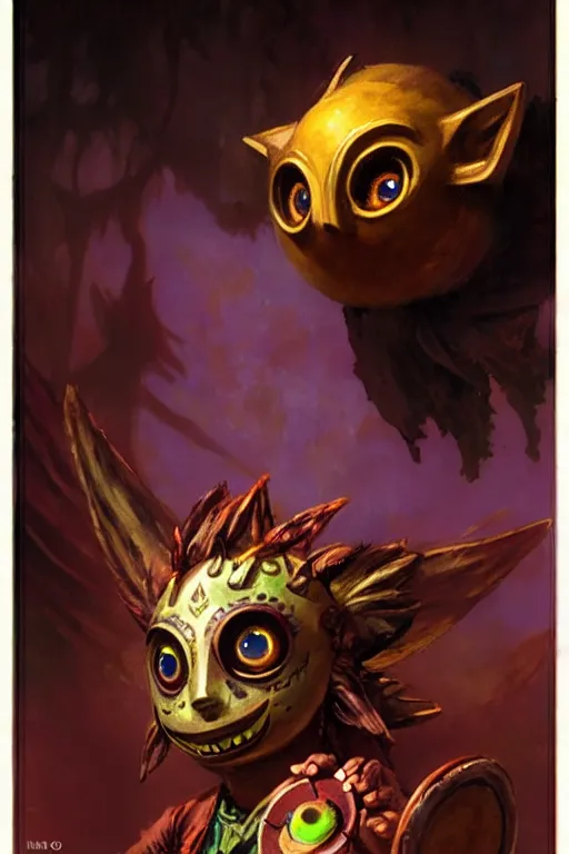 Image similar to majora's mask as a magic the gathering card portrait dnd, painting by gaston bussiere, craig mullins, greg rutkowski, yoji shinkawa