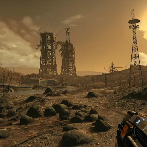 Prompt: promotional screenshot of fallout videogame set on planet mars