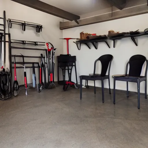 Image similar to three chairs and five spoons in a garage