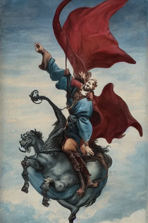 Prompt: of an athletic and elegant man with a mustache looking like Guillaume Briant riding a Dragon above Bordeaux, in the style of Game of Throne 8th season very matte colors, mysterious and misty