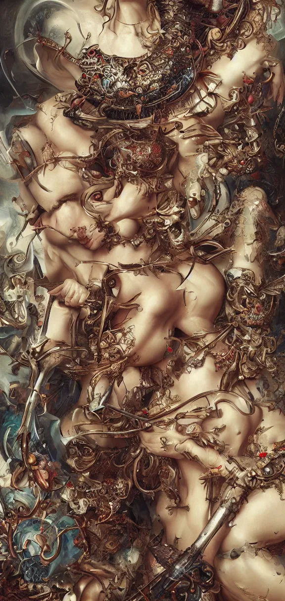 Image similar to an incredibly detailed masterpiece collaborative painting by bosch and artgerm, ornate, detailed, high resolution, wow!, intricate