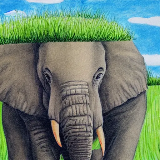 Prompt: Portrait of an elephant on a green meadow, Book for elementary school students