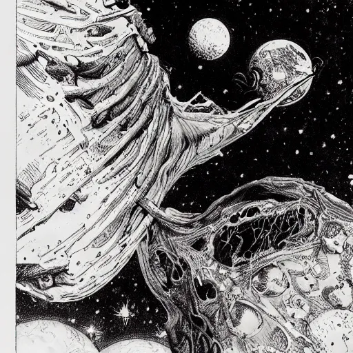 Image similar to Liminal space in outer space by Bernie Wrightson