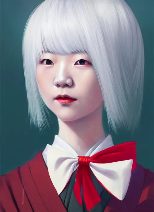 Prompt: centered painted portrait, a japanese princess young lady, with white hair and bangs with a red with a red bow tied in her hair!!!!, D&D, matte painting concept art, beautifully backlit, official fanart, colourful, by and ilya kuvshinov and Cushart Krentz and Gilleard James, 4k, HDR, Trending on artstation, Behance, award winning, WHITE HAIR!!!!!!!!