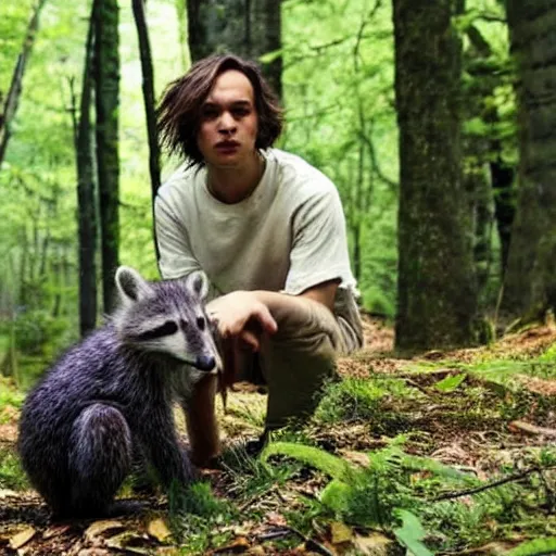 Prompt: Frank Dillane in a forest petting raccoons