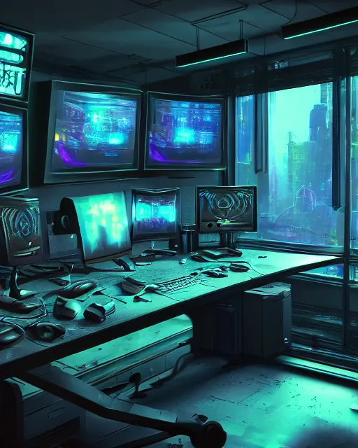 Image similar to artstation cyberpunk scifi scene of a complex computer workstation in a small studio apartment room, many monitors, many electronics, a window view, very detailed, maximalism, ambient occlusion, volumetric light, atmospheric haze, unreal engine, hyper realism, realistic shading, cinematic composition, realistic render, octane render, detailed textures, photorealistic, wide shot