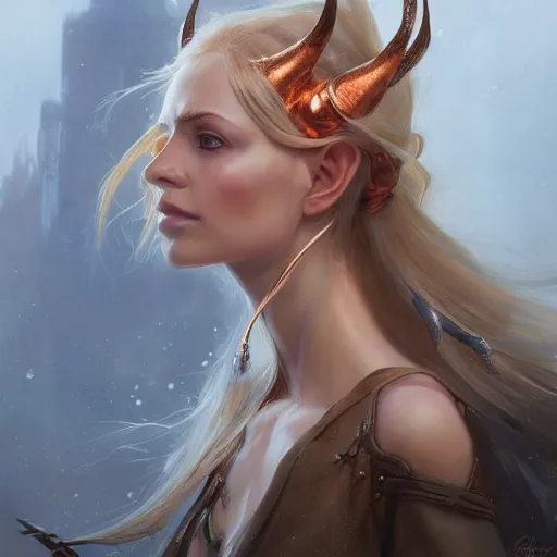 Image similar to A head-on detailed oil fantasy portrait of a pretty elf woman with subtle copper horns, long blonde hair and bright copper irises, by greg rutkowski, trending on artstation, dungeon and dragons art