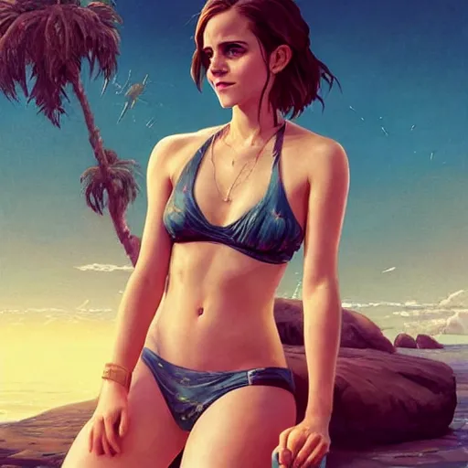 Image similar to highly detailed painting of emma watson wearing a bikini, gta 5 cover art gta 5 cover art, stephen bliss, 8 k, by greg rutkowski, loish, rhads, artgerm, ferdinand knab, makoto shinkai and lois van baarle, ilya kuvshinov, rossdraws, global illumination, radiant light, detailed and intricate environment