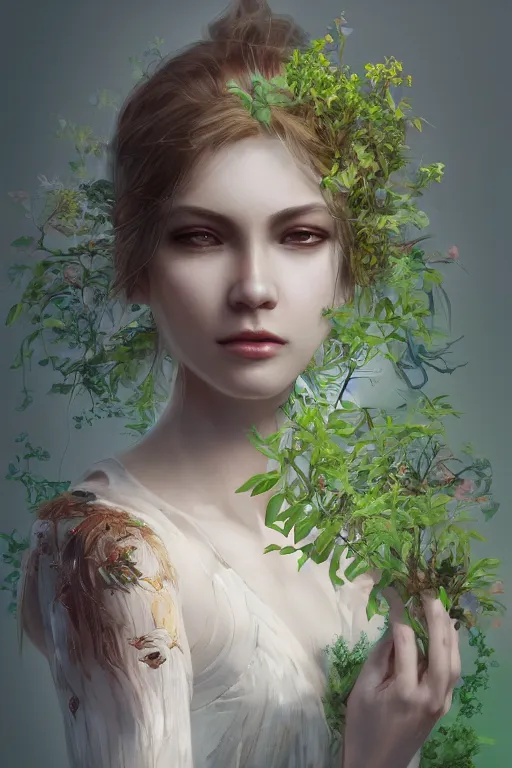 Image similar to detailed 2d illustration, trending on artstation, unique, elegant, beautiful, a woman with clothing made of plants, uses her magic to create new life, by Ruan Jia, 4K