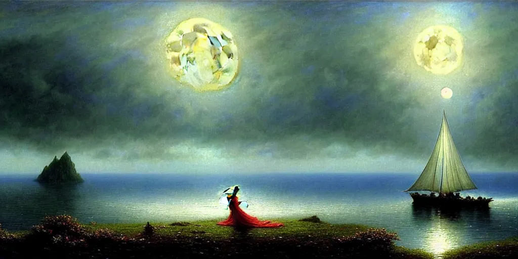 Image similar to an elegant fairy queen in a blue lace dress dancing looking out at a lord of the rings scenery landscape, staring across the sea at a white timber sail boat, evening, god's rays highly detailed, vivid colour, soft clouds, full moon, cinematic lighting, perfect composition, gustave dore, derek zabrocki, greg rutkowski, belsinski