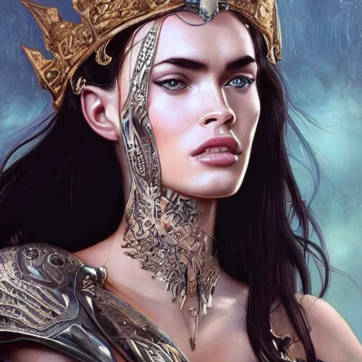 Prompt: an attractive young female with metal rings on her skin wearing an thorne crown, megan fox, olive skin, long dark hair, beautiful bone structure, intricate, elegant, highly detailed, digital painting, artstation, concept art, smooth, sharp focus, illustration, art by artgerm and greg rutkowski and alphonse mucha