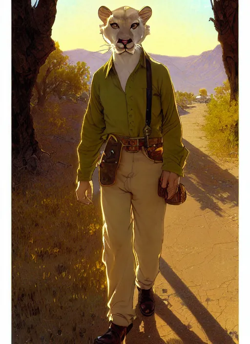 Prompt: beautiful portrait commission of a male Furry Anthro albino mountain lion Fursona wearing a yellow button-down shirt, olive green slacks on the streets of a desert western town. Atmospheric. Renowned character illustration by greg rutkowski, thomas kindkade, alphonse mucha, loish, norman rockwell. detailed, inked, western comic book art