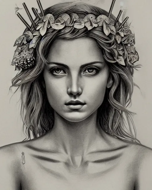 Image similar to pencil drawing of a beautiful greek goddess aphrodite wearing a laurel wreath and arrowhead earrings, beautiful confident eyes, beautiful flowing hair, glowing god eyes, hyper realistic face, in the style of greg rutkowski, fantasy, amazing detail, epic, elegant, smooth, sharp focus, from the front