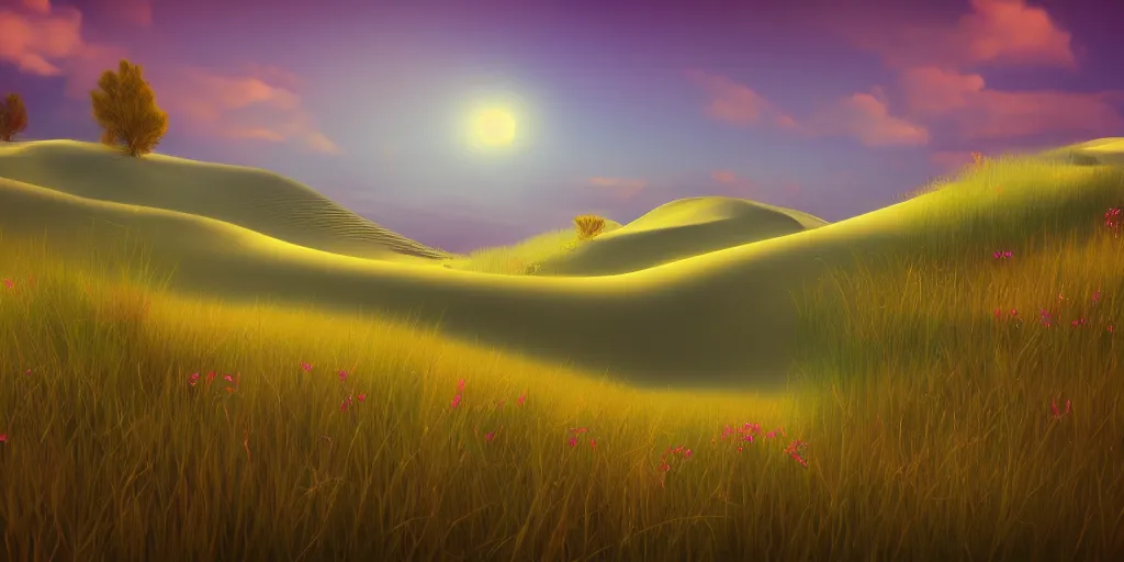 Image similar to dunes inspired by Evgeny Lushpin,flower meadow,spring,cinematic,trending on ArtStation