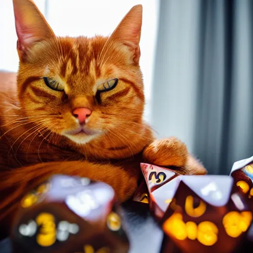 Image similar to realistic orange tabby cat lying in a sunbeam, the cat is next to a pile of D&D polyhedral dice, the cat is sleeping with closed eyes, award-winning photography, cozy, golden hour