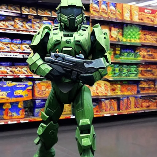 Prompt: master chief standing in a walmart