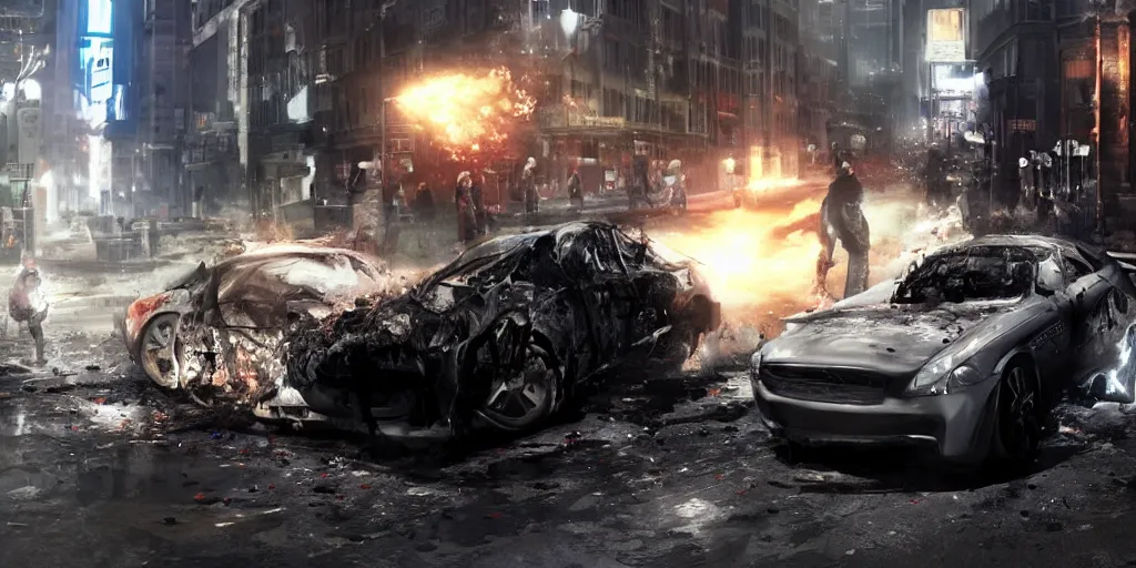 Image similar to Watch dogs game concept art 2012 car exploding in midle of the street with Aiden Pearse