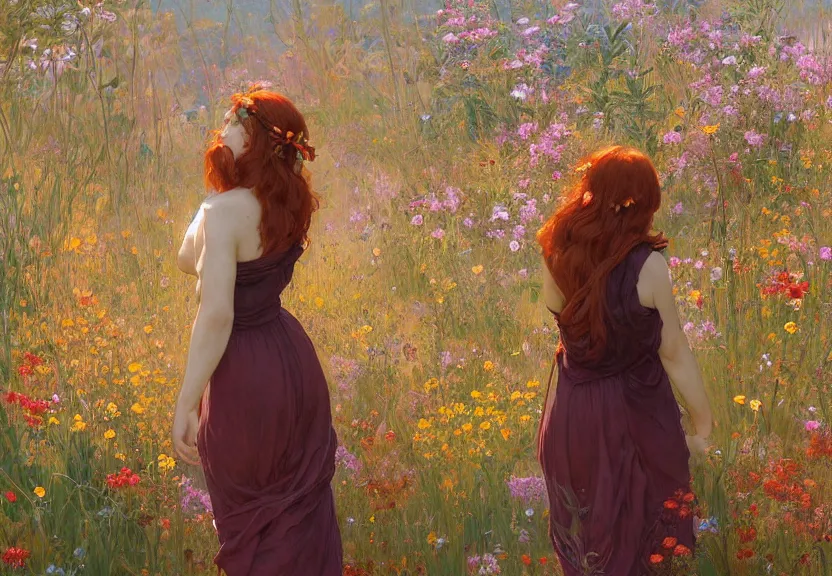 Image similar to a woman seen from behind from far away with copper hair and a flowing sundress surrounded by wildflowers, fine details by realistic shaded lighting poster by ilya kuvshinov katsuhiro otomo, magali villeneuve, artgerm, jeremy lipkin and michael garmash and rob rey, art nouveau, alphonse mucha, william - adolphe bouguereau, golden hour