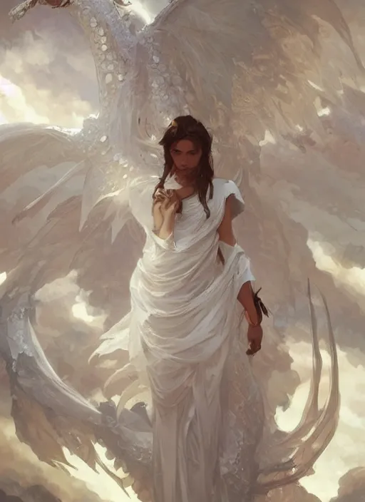 Image similar to an angelic white dragon, highly detailed, digital painting, artstation, concept art, sharp focus, illustration, art by greg rutkowski and alphonse mucha