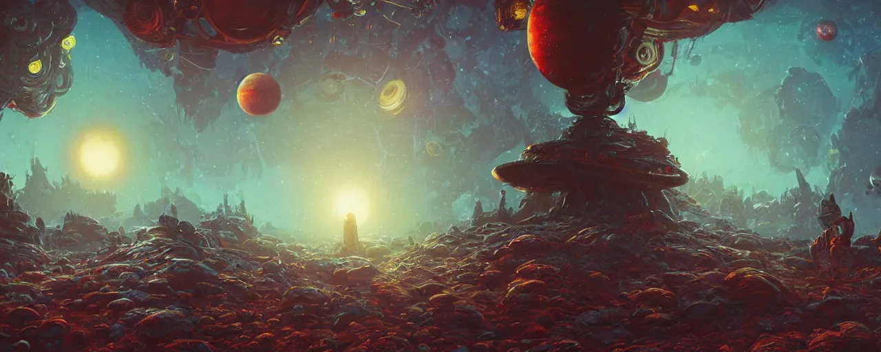 Image similar to ” outer planet with strange and mysterious eggs and larvae, [ art by paul lehr, cinematic, detailed, epic, widescreen, opening, establishing, mattepainting, photorealistic, realistic textures, octane render ] ”