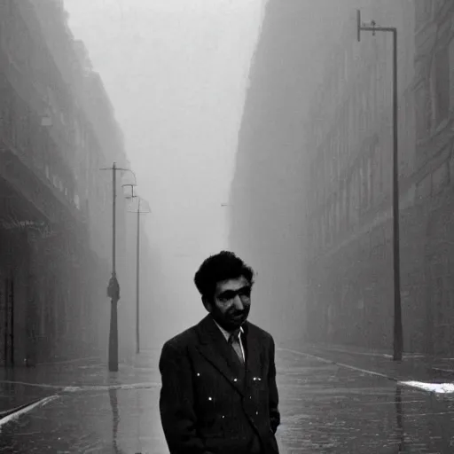 Image similar to Slick photo of Shiv Kumar Batalvi standing outside a building on a day when it rained earlier slightly chilly weather mist in the background photo taken by Saul Leiter and Henri Cartier-Bresson