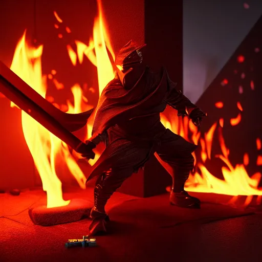 Image similar to a ninja with a sword in a fire background, 3 d render octane, trending on artstation