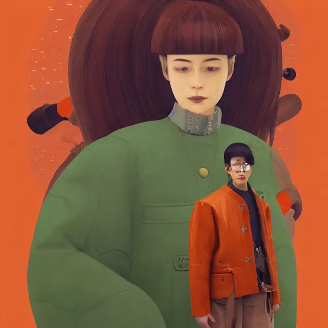 Image similar to portrait of alone androgynous girl wearing long orange vintage leather coat and wearing giant modular synthesizer 8 0 s sony stereo helmet and backpack. bakelite cliffs, moss green japanese forest background, ultrafine hyperdetailed illustration by hsiao - ron cheng and artgerm, the grand budapest hotel, glow, no crop, digital art, artstation, pop art