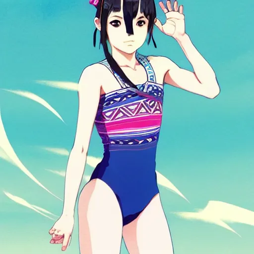 Image similar to a beautiful boyish japanese emma watson alluring instagram model, wearing elegant japanese hiphop leotard outfit with subtle mayan patterns and native fashion, aztec street fashion bathing suit, jrpg fashion, gapmoe yandere grimdark, trending on pixiv fanbox, painted by greg rutkowski makoto shinkai takashi takeuchi studio ghibli, akihiko yoshida