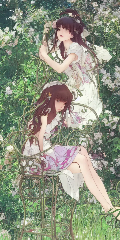 Prompt: a close up of a loli with long hair in a dress sitting on a metal garden chair in the privet garden at afternoon, green and warm theme, back lighting, by krenz cushart and mucha and akihito yoshida and greg rutkowski and makoto shinkai and studio ghibli, detailed eyes, 4 k resolution, trending on art station