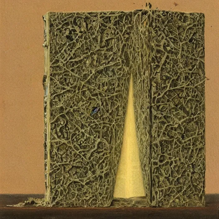 Image similar to a book with overgrown mold, moth. painting by frank sedlacek.