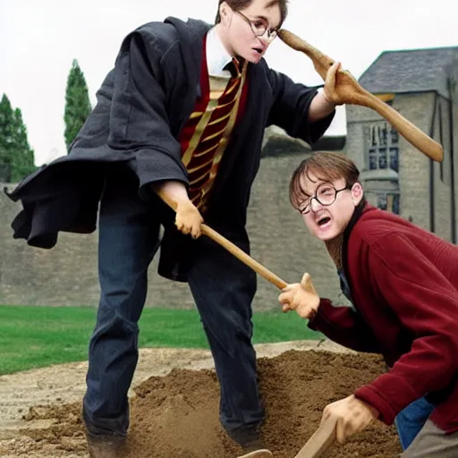 Prompt: harry potter slaping ron wesley with a shovel