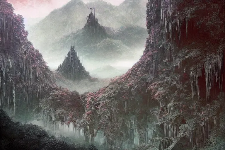Image similar to Rivendell Himeji Eden hallucination, gleaming brutalist Japanese castle overlooking the Garden of Eden, Fertile Valley, Waterfalls and lakes, amazing concept painting, by Jessica Rossier by HR giger by Beksinski,