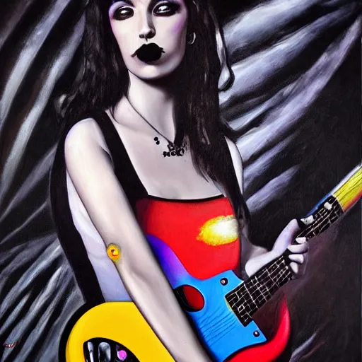 Image similar to Goth girl playing electric guitar by Mario Testino, oil painting by Guillermo Lorca