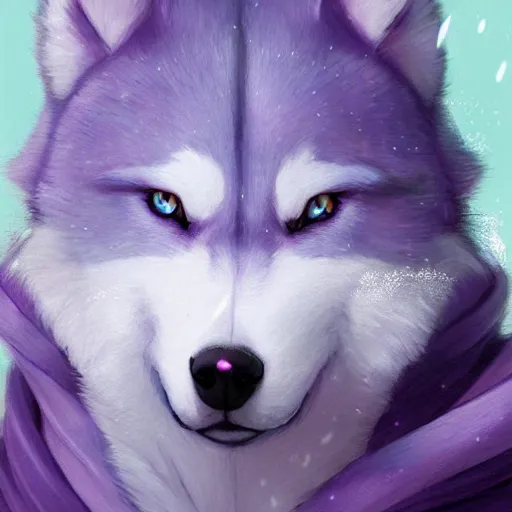 Image similar to aesthetic portrait commission of a furry husky with lavender and pastel pink colored cozy soft pastel winter outfit, short depth of field close up shot hyper-detailed, soft snowy winter Atmosphere. Character design by charlie bowater, ross tran, artgerm, and makoto shinkai, detailed, inked, western comic book art, 2021 award winning painting