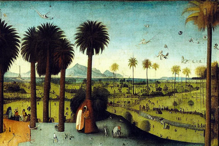 Image similar to southern california landscape palm trees freeway painted by hieronymus bosch